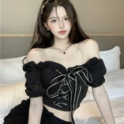 BUYISI Hot Girl Black Lace Off Shoulder Bow Tie Puff Short Sleeve Slim Shirt Korean Black